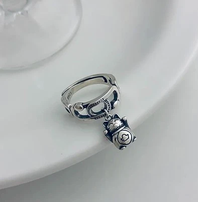 925 Silver Ring, Dangle Ring, Statement Ring, Cat Ring, Chunky Adjustable Ring - Image 1 of 4