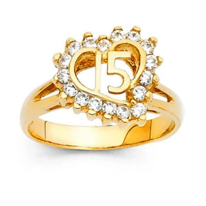 14K Gold Ring Simulated Diamond Heart Quinceañera Sweet 15 Años Corazon Oro - Picture 1 of 1