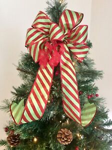 ELF GREEN RED STRIPE CANDY CANE CHRISTMAS TREE TOPPER BOW 24cmx50cm DECORATION 