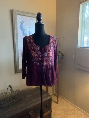 American Eagle | Maroon Long Sleeve Top Small Floral Embroidery Flowy Pre-owned - Image 1 of 4