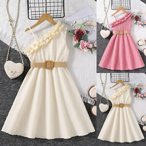 Children Dress Spring Summer Strap Ruffles Solid Color Princess Girls Casual