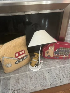Construction Digger Table Lamp 20” - Pottery Barn; with two decorative pillows - Picture 1 of 5