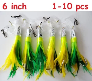 1-10 señuelos de pesca de arrastre de plumas de atún aparejadas de 6" - verdes/amarillos - Imagen 1 de 8