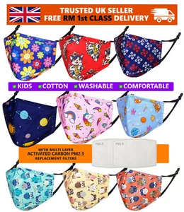 Children Kids Face Mask Cotton Washable Reusable Printed PM2.5 Filter Boys Girls - Picture 1 of 22