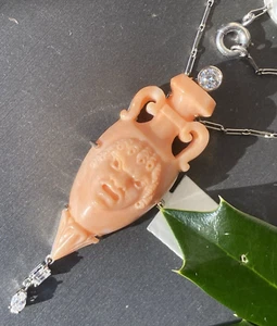 Vintage Diamond Pendant Coral Carved Bachus Amphora Estate Fine Jewelry Pre-Own - Picture 1 of 24