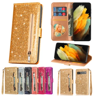 For Google Pixel 6A/7A/8A/6/7/8 Pro Glitter Leather Wallet Case Zip Flip Cover - Image 1 of 4
