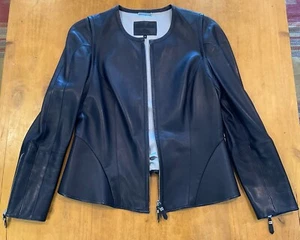 Raro cappotto Giorgio Armani giacca pelle nera donna taglia 44 zip NO colletto - Foto 1 di 5