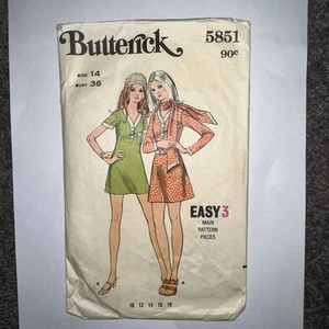 Butterick 5851 Misses A-Line Mini Dress Size 14 Vintage Sewing Pattern C.70s Cut - Picture 1 of 9