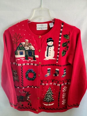 Marisa Christina Small Sweater Cardigan Snowman Red Hand Knit Hong Kong 2002 - Image 1 of 4