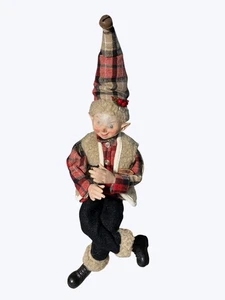 Vintage Weihnachtselfe bewegliche Puppe mit karierter Mütze Wollweste - Bild 1 von 11