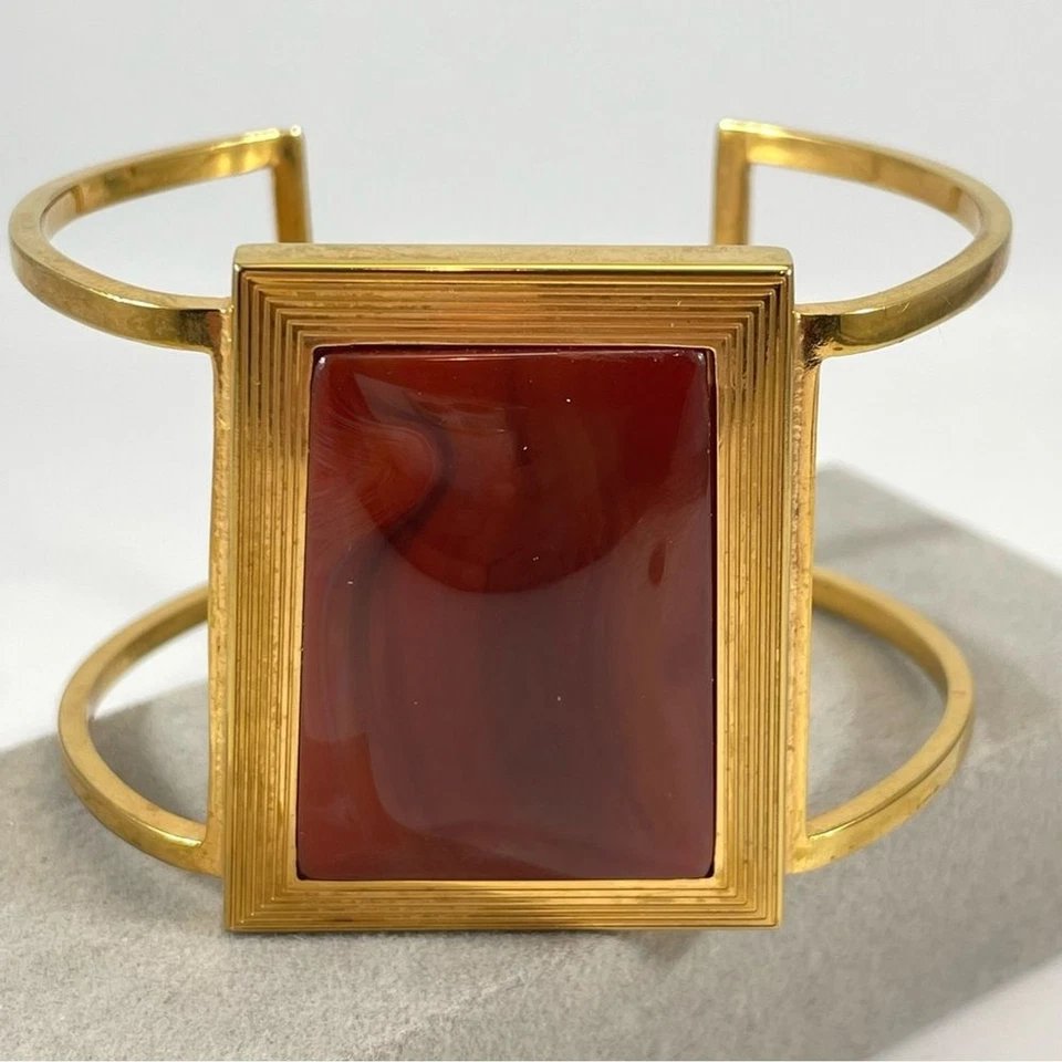 Brazalete Abierto Acero Inoxidable Tono Dorado Guantelete Cabujón Acrílico Centro Foto 1 de 4