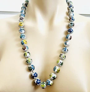 Chinese Export White Blues Cloisonne Enamel Flower Bead Knotted 26” L Necklace - Picture 1 of 10