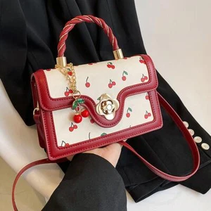 Crossbody Bag Small Handbag Cherry Pattern Women's Bag Pu Leather Luxury Purses - Picture 1 of 26