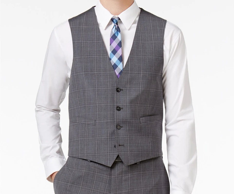 $125 Calvin Klein Men's Gray Plaid Slim Fit 4 Button Suit Vest Waistcoat 41 R - Image 1 of 1