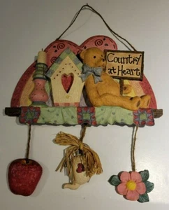 Red, Green, & Yellow Plastic Decorative Sign "Country at Heart" w/Bear, House - Picture 1 of 7