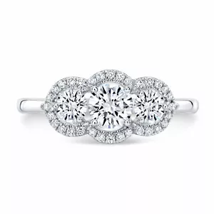 14k White Gold 3 Three Stone Diamond Halo Solitaire Engagement Ring Round Cut - Picture 1 of 3
