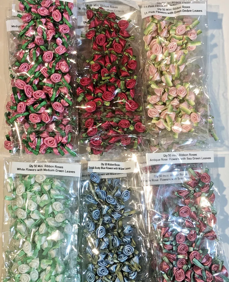 50 SATIN MINI RIBBON ROSES 3/8" Applique Sewing Bow Craft Choose your color! NEW - Image 1 of 4