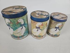 Nesting Tin Canisters Winter Geese Ducks With Blue Ribbons Set of 3- Vintage VTG - Bild 1 von 2
