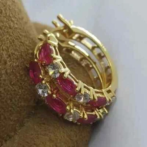 2.20Ct Oval Cut Lab Created Ruby Huggie Hoop Earrings 14K Yellow Gold Plated - Picture 1 of 7