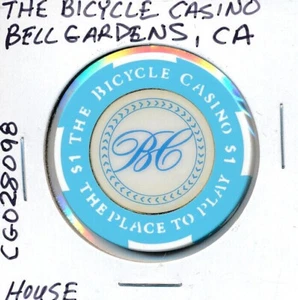 $1 CALIFORNIA CASINO CHIP BICYCLE CASINO BELL GARDENS HOUSE #CG028098 L@@K!! - Picture 1 of 2