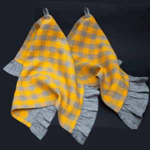 Set 2 Ruffled Linen Kitchen Towels gray yellow gingham with loop Stonewashed - Picture 1 of 9