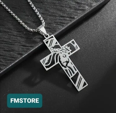 Collana con ciondolo croce in acciaio inox Unisex catenina rosario  - Immagine 1 di 3