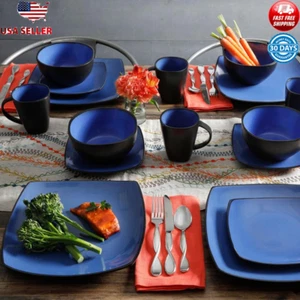 16pc Square Stoneware Dinnerware Set Dishwasher Microwave Safe Modern Design New - Picture 1 of 8