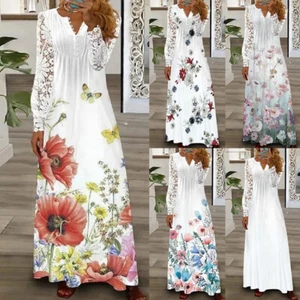 Damen Sommer Bedruckt Langärmlig Knöpfe V Ausschnitt Spitze Kleid Party Maxi 〒 - Picture 1 of 18