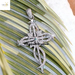 Genuine Pave Diamond Cross Pendant 925 Sterling Silver Emerald Religious Pendant - Picture 1 of 5