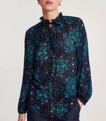 Monsoon Tammy Tile Print Longline Fril Neck Blouse, Black Multi, UK 12 - Image 1 of 4