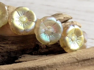 6 - 10mm CZECH OPAQUE & TRANSPARENT YELLOW AB HIBISCUS, PANSY FLOWER GLASS BEADS - Picture 1 of 4