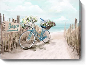 Beach Canvas Wall Art for Bathroom Ocean Pictures Seaside Bicycle Canvas Print S - Picture 1 of 12