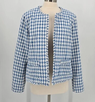 Chaqueta abierta Nanette LePore talla XL azul y blanca pata de gallo con flecos botones de perlas Foto 1 de 4