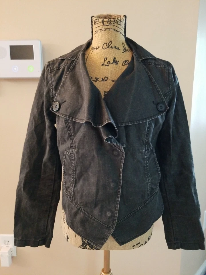 CAbi Waxed 100% Linen Black Cropped Moto Bomber Jacket Size M Stacked collar - Image 1 of 4