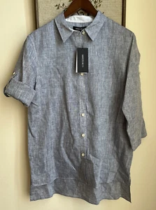 NWT Lafayette 148 100% Linen Theo Blouse Indig Multi button down roll tab cuff 4 - Picture 1 of 5