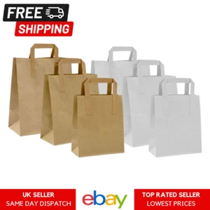 Brown & White Paper Bags With Flat Handles Paper Party Bags Gift Takeaway Bags - Picture 1 of 9