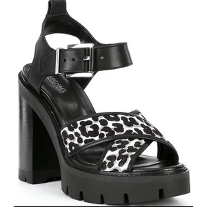 Michael Kors Colby Cheetah Lug Sandals 8.5M | Hair Calf Leather Chunky Heel - Picture 1 of 11