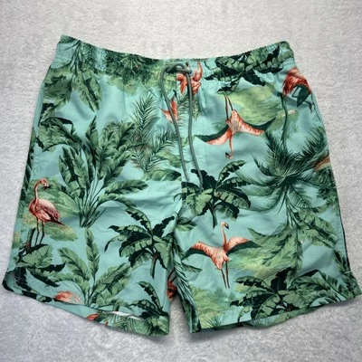 Antiguo Bañador Forrado Azul Marino Cintura Elástica Completa Hombres M Verde Flamencos Palmeras Foto 1 de 4