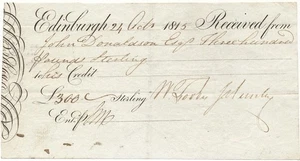 SCHOTTLAND (EDINBURGH) Bankscheck 300 Pounds 24.10.1815 - Bild 1 von 7