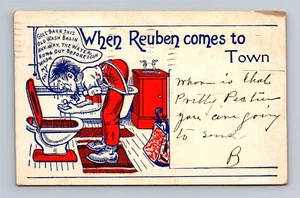 Wenn Reuben in die Stadt kommt - Abwaschen auf der Toilette um 1909 Comic Humor Postkarte - Bild 1 von 2