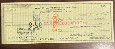 WALTER LANTZ CHECK SIGNED/"Lovebirds" Sericel/Studio Parking Pass/Ship Label - Image 1 of 4