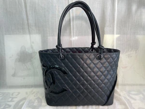 CHANEL Cambon Line Tote Bag Top Handle CC Lamb skin Leather Patent Black JPN 137 - Picture 1 of 24
