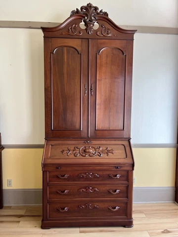 Tall Figured Mahogany Victorian Rococo Secretary Desk Cover