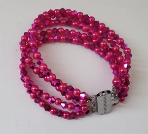 Pink Magenta Pearl Metallic Crystal Beaded Wide 5 Rows Bangle Bracelet 6.75" NEW - Picture 1 of 6