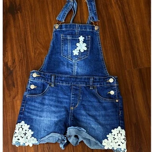 Jordache Denim Overalls Shorts Blue Jean Lace Trim Girls L(10-12) - Picture 1 of 3