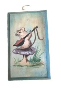 Laune Holz Plakette Maus Minnesänger Baglama Gitarre Pilz anthropomorph Vintage  - Bild 1 von 7