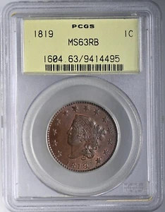 1819  1C CORONET HEAD LARGE CENT SD  "MINT STATE"  PCGS MS63 RB #9414495  OGH ! - Picture 1 of 4