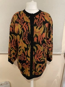 Hamells Vintage 80s Oversized Cardigan Autumnal Leaves Print Size 10 12 Pockets - Picture 1 of 8