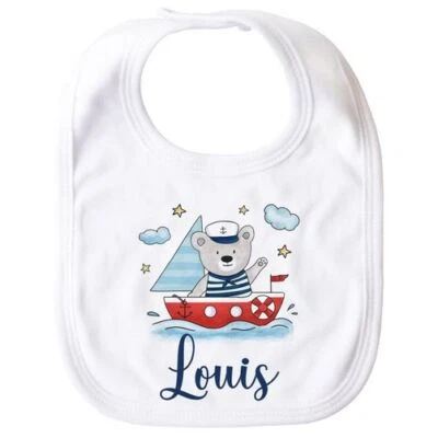 SPECIALME Baby Lätzchen mit Name Bär Boot Segelboot Aufdruck Motiv personalisierte