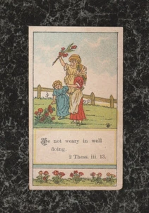 Tarjeta Versículo Bíblico Victoriano Tres Niñas con Flores No te canses... 3.25x2 - Imagen 1 de 2